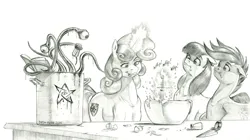 Size: 1600x893 | Tagged: safe, artist:baron engel, derpibooru import, apple bloom, scootaloo, sweetie belle, earth pony, pegasus, pony, unicorn, cooking, cutie mark crusaders, elder sign, female, filly, foal, food, horn, image, jpeg, pencil drawing, story included, sweetie belle can't cook, sweetie fail, traditional art