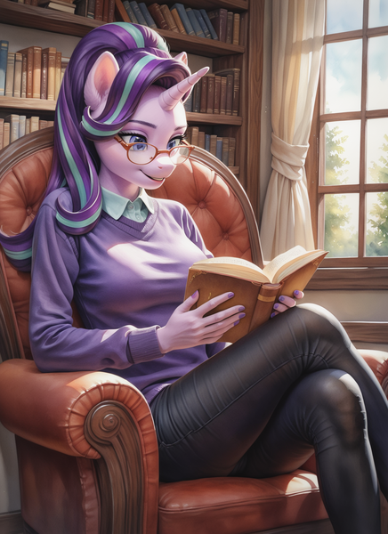 Size: 1280x1760 | Tagged: safe, ai content, derpibooru import, machine learning generated, prompter:ilham470, starlight glimmer, anthro, g4, armchair, book, chair, clothes, female, image, pants, png, reading, solo, sweater