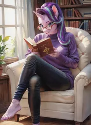 Size: 1280x1760 | Tagged: safe, ai content, derpibooru import, machine learning generated, prompter:ilham470, starlight glimmer, anthro, g4, armchair, book, chair, clothes, image, pants, png, reading, sitting, solo, sweater