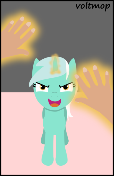 Size: 600x930 | Tagged: safe, artist:voltmop, derpibooru import, lyra heartstrings, human, pony, unicorn, g4, body swap, female, glow, glowing horn, horn, human to pony, image, looking at you, magic, mare, offscreen character, png, pony to human, pov, transformation, transformation sequence