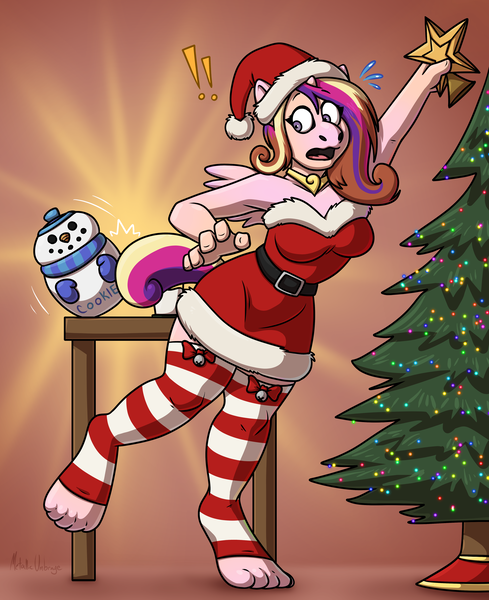 Size: 3800x4658 | Tagged: safe, artist:metallicumbrage, derpibooru import, part of a set, princess cadance, alicorn, anthro, unguligrade anthro, g4, absurd resolution, bare shoulders, breasts, busty princess cadance, christmas, christmas tree, clothes, cookie, cookie jar, exclamation point, female, food, hat, holiday, human to anthro, human to pony, image, jewelry, male to female, necklace, oops, part of a series, png, reaching, rule 63, santa hat, socks, solo, stockings, stretching, striped socks, sweat, sweatdrops, tail, thigh highs, this will end in little crackly pieces, tight clothing, tiptoe, toes, transformation, transgender, transgender transformation, tree, wide eyes