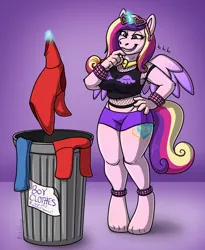 Size: 3800x4637 | Tagged: safe, artist:metallicumbrage, derpibooru import, part of a set, princess cadance, alicorn, anthro, unguligrade anthro, g4, absurd resolution, ankle cuffs, anklet, armpits, bare shoulders, belly, belly button, blue jeans, blushing, boyshorts, breasts, busty princess cadance, clothes, cuffs, female, giggling, glow, glowing horn, grin, hand on chin, hand on hip, horn, hot pants, human to anthro, human to pony, image, indoors, jewelry, lavender background, levitation, magic, magic aura, male to female, mesh, necklace, panties, part of a series, png, rule 63, shirt, short shirt, shorts, signature, simple background, smiling, solo, standing, sunglasses, sunglasses on head, t-shirt, telekinesis, thong, tiptoe, toes, transformation, transgender, transgender transformation, trash can, underwear, wrist cuffs