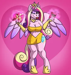 Size: 4048x4278 | Tagged: safe, artist:metallicumbrage, derpibooru import, part of a set, princess cadance, alicorn, anthro, unguligrade anthro, g4, ;p, absurd resolution, bare midriff, bare shoulders, belly, belly button, big breasts, breasts, busty princess cadance, candy, cleavage, clothes, crown, dress, evening gloves, eyeshadow, female, fingerless elbow gloves, fingerless gloves, food, gloves, glow, heart shaped box, holiday, human to anthro, human to pony, image, jewelry, levitation, long gloves, long mane, long tail, looking at you, magic, magic aura, makeup, male to female, necklace, one eye closed, part of a series, pink background, png, regalia, rule 63, short dress, side slit, signature, simple background, smiling, solo, sparkles, spread wings, standing, tail, telekinesis, tight clothing, tongue out, total sideslit, transformation, transgender, transgender transformation, valentine's day, wall of tags, wings, wink, winking at you