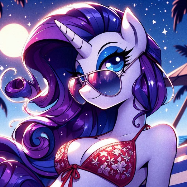 Size: 1024x1024 | Tagged: safe, ai content, derpibooru import, machine learning generated, prompter:glimmy-glam, rarity, anthro, unicorn, aviator sunglasses, beach, bikini, bikini top, breasts, cleavage, clothes, female, generator:bing image creator, generator:dall-e 3, horn, image, jpeg, looking at you, moon, night, palm tree, side view, smiling, solo, solo female, stars, sunglasses, swimsuit, tree, unicorn horn