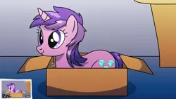 Size: 3840x2160 | Tagged: safe, artist:yourboimario, derpibooru import, amethyst star, pony, unicorn, g4, behaving like a cat, box, female, high res, horn, image, mare, png, pony in a box, solo, your little cat 3