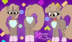 Size: 3500x2048 | Tagged: safe, artist:wornpaladin, artist:worny, derpibooru import, oc, unofficial characters only, hybrid, pony, squirrel, squirrel pony, unicorn, abstract background, bell, bell collar, broken horn, brown eyes, collar, commission, horn, image, jpeg, looking at you, multicolored skin, name, poses, reference sheet, signature, simple background, smiling, smiling at you, solo, text