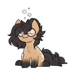 Size: 512x512 | Tagged: safe, artist:_candypone_, derpibooru import, oc, oc:nixie tube, unofficial characters only, bat pony, earth pony, hybrid, bubble, coat markings, dappled, drunk, eyes closed, fangs, flushed face, glasses, image, png, simple background, sitting, smiling, socks (coat marking), solo, transparent background