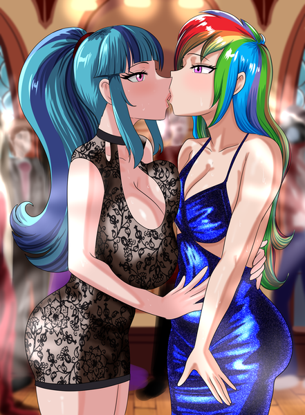 Size: 1412x1920 | Tagged: suggestive, artist:thebrokencog, derpibooru import, rainbow dash, sonata dusk, human, fanfic, fanfic:a merry little christmas night, equestria girls, g4, asymmetrical docking, breasts, busty rainbow dash, busty sonata dusk, clothes, commission, dress, drool, drool string, duo, duo female, eyeshadow, fanfic art, female, females only, french kiss, hand on waist, humanized, image, kissing, lesbian, makeup, png, ponytail, shipping, sloppy kissing, sonatadash