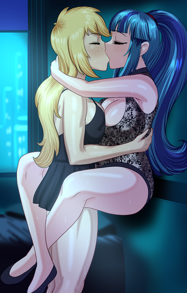 Size: 1229x1920 | Tagged: suggestive, artist:thebrokencog, derpibooru import, applejack, sonata dusk, human, fanfic, fanfic:a merry little christmas night, equestria girls, g4, arm around back, arm around neck, breasts, busty applejack, busty sonata dusk, clothes, commission, crossed legs, dress, drool, drool string, duo, duo female, eyes closed, eyeshadow, fanfic art, female, females only, french kiss, hand on waist, humanized, image, kissing, leg lock, lesbian, makeup, minidress, png, ship: sonatajack, sloppy kissing, sonatajack, symmetrical docking