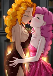 Size: 1333x1920 | Tagged: suggestive, artist:thebrokencog, derpibooru import, adagio dazzle, pinkie pie, human, fanfic, fanfic:a merry little christmas night, equestria girls, g4, breasts, busty adagio dazzle, busty pinkie pie, butt touch, clothes, commission, dress, drool, drool string, duo, duo female, ear piercing, earring, eyes closed, eyeshadow, fanfic art, female, females only, french kiss, hand on butt, humanized, image, jewelry, kissing, lesbian, makeup, passionate, piercing, png, ship:dazzlepie, shipping, sloppy kissing, sweat, tongue out, tongue play