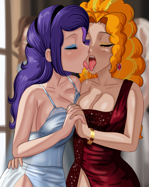 Size: 1536x1920 | Tagged: suggestive, artist:thebrokencog, derpibooru import, adagio dazzle, rarity, human, fanfic, fanfic:a merry little christmas night, equestria girls, g4, bracelet, breasts, busty adagio dazzle, busty rarity, clothes, commission, dress, drool, drool string, duo, duo female, ear piercing, earring, eyeshadow, fancy, fanfic art, female, females only, french kiss, holding hands, humanized, image, jewelry, kissing, lesbian, makeup, piercing, png, ship: adagity, sloppy kissing, tongue out, tongue play