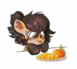 Size: 2048x1853 | Tagged: safe, artist:dearmary, derpibooru import, oc, oc:nixie tube, unofficial characters only, bat pony, earth pony, hybrid, wingless bat pony, coat markings, fangs, food, fruit, glasses, image, jpeg, mango, plate, simple background, socks (coat marking), solo, tongue out, underhoof, white background, wingless