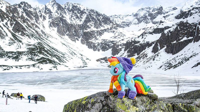 Size: 1192x670 | Tagged: safe, artist:mgrdash, derpibooru import, rainbow dash, pegasus, pony, clothes, image, irl, jpeg, mountain, photo, plushie, ponies in real life, scarf