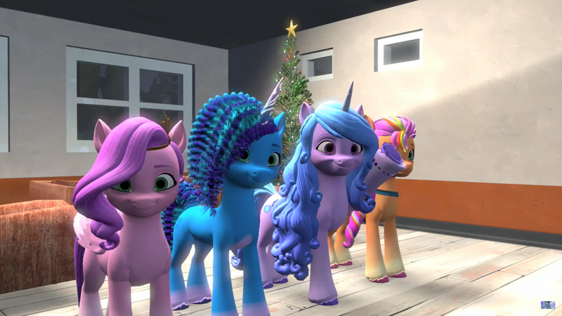 Size: 1920x1080 | Tagged: safe, artist:geo bluecropper, derpibooru import, izzy moonbow, pipp petals, sunny starscout, earth pony, pegasus, pony, unicorn, g5, 3d, christmas, christmas tree, female, holiday, horn, image, indoors, looking at you, mane stripe sunny, mare, misty brightdawn, png, source filmmaker, tree, waving