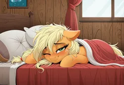 Size: 2104x1440 | Tagged: safe, ai content, derpibooru import, generator:zoinksnoob, machine learning generated, applejack, earth pony, pony, g4, bed, blanket, blushing, female, image, indoors, jpeg, mare, messy mane, on bed, one eye closed, pillow, prompter:siber, solo, waking up, window