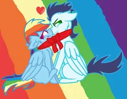 Size: 413x324 | Tagged: safe, artist:sun-strikee, derpibooru import, rainbow dash, soarin', pegasus, pony, clothes, female, image, jpeg, male, mare, scarf, shared clothing, shared scarf, shipping, soarindash, stallion, straight