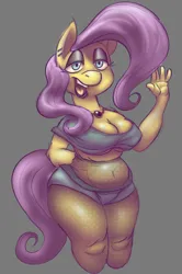 Size: 1326x2000 | Tagged: suggestive, artist:rubyrelax, derpibooru import, fluttershy, anthro, breasts, chubby, cleavage, clothes, ear piercing, fishnet clothing, hand behind back, image, lidded eyes, open mouth, piercing, png, shorts, underboob, waving