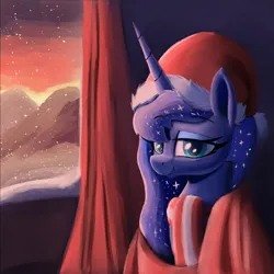 Size: 1549x1549 | Tagged: safe, artist:maretian, derpibooru import, ponerpics import, princess luna, alicorn, pony, g4, balcony, blanket, blanket burrito, bust, christmas, clothes, curtains, ethereal mane, female, hat, holiday, image, lidded eyes, looking at you, mare, mountain, png, santa hat, scarf, smiling, smiling at you, snow, snowfall, solo, starry mane, sunset, window, winter