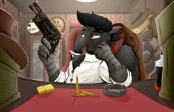 Size: 6950x4480 | Tagged: safe, artist:tinnitus, derpibooru import, oc, oc:nail falcon, oc:yellow night, unofficial characters only, gryphon, fallout equestria, alcohol, armchair, armor, ashtray, bullet, chair, cigar, closet, clothes, fallout equestria: parallelism, gun, handgun, hat, image, indoors, lighter, male, png, revolver, room, table, weapon, whiskey