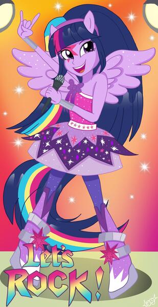 Size: 989x1920 | Tagged: safe, artist:jenna56, derpibooru import, twilight sparkle, human, equestria girls, g4, female, image, jpeg, microphone, my little pony equestria girls: rainbow rocks, open mouth, open smile, ponied up, smiling, solo