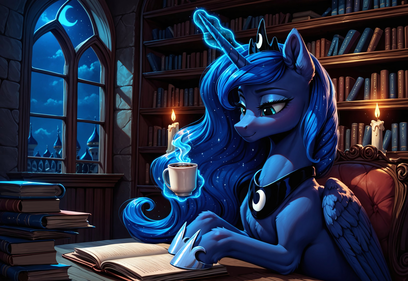 Size: 5568x3840 | Tagged: safe, ai content, derpibooru import, generator:civitai, machine learning generated, stable diffusion, princess luna, alicorn, pony, g4, absurd resolution, book, bookshelf, candle, canterlot, chair, coffee, coffee mug, crown, female, gibberish, glow, glowing horn, horn, image, indoors, jewelry, library, lidded eyes, looking down, magic, mare, moon, mug, night, night sky, peytral, png, prompter:paajbach, reading, regalia, sitting, sky, smiling, solo, stars, telekinesis, window