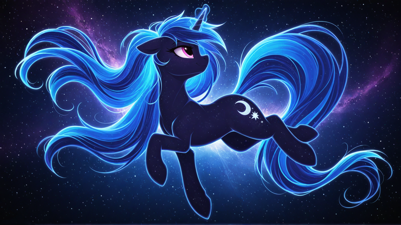 Size: 1920x1080 | Tagged: safe, ai content, derpibooru import, generator:zoinksnoob, machine learning generated, stable diffusion, oc, unnamed oc, unofficial characters only, pony, unicorn, backlighting, blue mane, blue tail, dark coat, ethereal mane, ethereal tail, female, floating, floating in space, floppy ears, freckles, full body, glow, glowing horn, horn, image, looking back, mare, nebula, pink eyes, png, prompt in description, prompter:tyto4tme4l, side view, smiling, solo, space, space pony, spacewalk, star freckles, stars, tail, unicorn oc, wallpaper