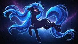 Size: 1920x1080 | Tagged: safe, ai content, derpibooru import, generator:zoinksnoob, machine learning generated, stable diffusion, oc, unnamed oc, unofficial characters only, pony, unicorn, backlighting, blue mane, blue tail, dark coat, ethereal mane, ethereal tail, female, floating, floating in space, floppy ears, freckles, full body, glow, glowing horn, horn, image, looking back, mare, nebula, pink eyes, png, prompt in description, prompter:tyto4tme4l, side view, smiling, solo, space, space pony, spacewalk, star freckles, stars, tail, unicorn oc, wallpaper