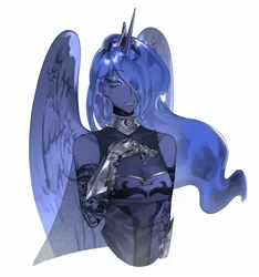 Size: 1917x2048 | Tagged: safe, artist:amangjia, derpibooru import, princess luna, human, g4, breasts, cleavage, clothes, dress, ear piercing, earring, female, gauntlet, gorget, hair over one eye, horn, horned humanization, humanized, image, jewelry, jpeg, piercing, regalia, simple background, solo, white background, winged humanization, wings