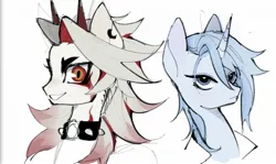 Size: 1892x1130 | Tagged: safe, artist:rottendevilman, derpibooru import, ponified, oni, pony, unicorn, arataki itto (genshin impact), bust, choker, duo, ear piercing, earring, genshin impact, horn, horns, image, jewelry, jpeg, kamisato ayato (genshin impact), male, piercing, simple background, slit pupils, smiling, spiked choker, stallion, white background