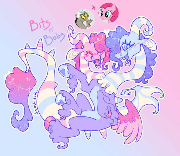 Size: 2018x1751 | Tagged: safe, artist:bishopony, derpibooru import, discord, pinkie pie, oc, oc:bits n' bobs, draconequus, earth pony, pony, blush scribble, blushing, colored hooves, conjoined, conjoined twins, draconequus oc, duo, ethereal mane, eyes closed, fangs, floating, fusion:discord, fusion:pinkie pie, gradient background, hoof fluff, hoof heart, hooves, image, long feather, looking at you, mismatched wings, multicolored hooves, multiple heads, name, open mouth, open smile, png, screencap reference, signature, smiling, smiling at you, starry mane, swirly eyes, two heads, underhoof, unshorn fetlocks, wings