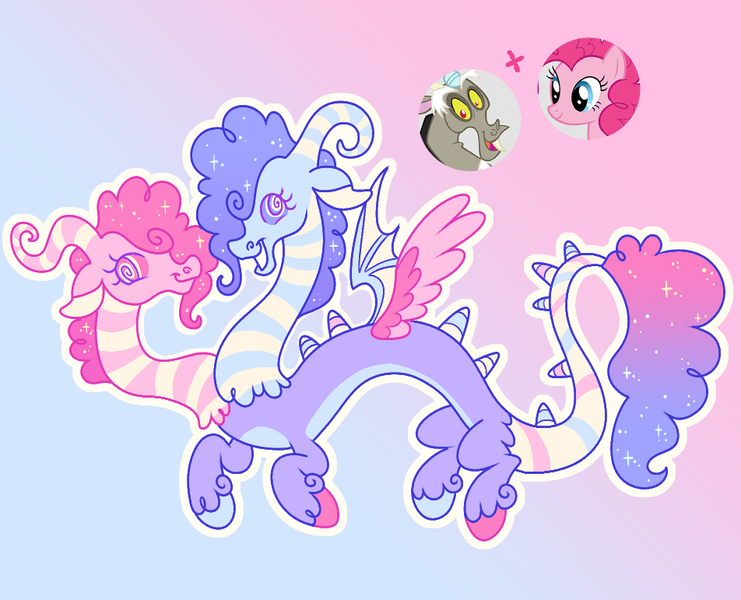 Size: 952x771 | Tagged: safe, artist:bishopony, derpibooru import, discord, pinkie pie, oc, oc:bits n' bobs, draconequus, earth pony, pony, colored hooves, conjoined, conjoined twins, draconequus oc, duo, ethereal mane, eyes closed, fangs, floating, fusion:discord, fusion:pinkie pie, gradient background, hooves, image, looking at you, mismatched wings, multicolored hooves, multiple heads, open mouth, open smile, png, screencap reference, smiling, smiling at you, starry mane, swirly eyes, two heads, unshorn fetlocks, wings