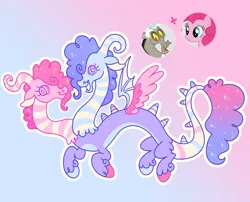 Size: 952x771 | Tagged: safe, artist:bishopony, derpibooru import, discord, pinkie pie, oc, oc:bits n' bobs, draconequus, earth pony, pony, colored hooves, conjoined, conjoined twins, draconequus oc, duo, ethereal mane, eyes closed, fangs, floating, fusion:discord, fusion:pinkie pie, gradient background, hooves, image, looking at you, mismatched wings, multicolored hooves, multiple heads, open mouth, open smile, png, screencap reference, smiling, smiling at you, starry mane, swirly eyes, two heads, unshorn fetlocks, wings