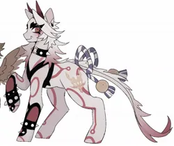 Size: 1205x1012 | Tagged: safe, artist:rottendevilman, derpibooru import, ponified, oni, pony, arataki itto (genshin impact), bow, bracelet, choker, horns, image, jpeg, leonine tail, male, simple background, solo, spiked choker, spiked wristband, stallion, tail, tail bow, white background, wristband