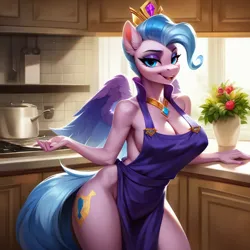 Size: 1024x1024 | Tagged: suggestive, ai content, derpibooru import, machine learning generated, prompter:clopai4u, stable diffusion, queen haven, anthro, pegasus, g5, apron, big breasts, braless, breasts, busty queen haven, cabinet, cleavage, clothes, counter, crown, erect nipples, female, flower, image, indoors, jewelry, kitchen, kitchen counter, looking at you, milf, naked apron, necklace, nipple outline, open mouth, open smile, partial nudity, png, pot, regalia, rose, sideboob, smiling, smiling at you, solo, solo female, spread wings, stove, vase, window, wings