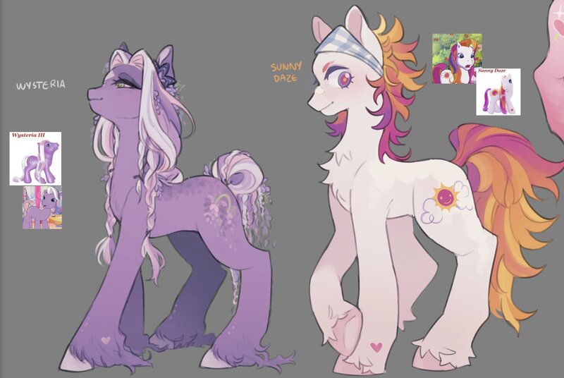 Size: 1951x1306 | Tagged: safe, artist:rottendevilman, derpibooru import, sunny daze (g3), wysteria, earth pony, pony, g3, bandana, chest fluff, coat markings, facial markings, female, image, jpeg, mare, star (coat marking), unshorn fetlocks