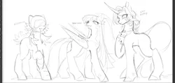 Size: 2036x963 | Tagged: safe, artist:rottendevilman, derpibooru import, lily lightly, scootaloo (g3), starsong, earth pony, pegasus, pony, unicorn, g3, black and white, female, goggles, grayscale, headdress, horn, image, jewelry, jpeg, leonine tail, mare, monochrome, necklace, simple background, sketch, tail, trio, white background, wip