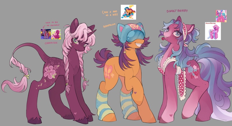 Size: 2048x1115 | Tagged: safe, artist:rottendevilman, derpibooru import, cheerilee (g3), scootaloo (g3), sweet berry, earth pony, pony, unicorn, g2, g3, apron, berry, black and white, braces, braid, braided tail, clothes, female, food, goggles, grayscale, helmet, horn, image, jpeg, leg warmers, leonine tail, mare, monochrome, mouth hold, sketch, tail, trio