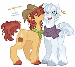 Size: 1483x1333 | Tagged: safe, artist:rottendevilman, derpibooru import, double diamond, half baked apple, earth pony, pony, g4, apple family member, blushing, clothes, duo, gay, heart, heart eyes, image, jpeg, kiss on the cheek, kissing, male, neckerchief, scarf, ship:doublebaked, shipping, simple background, stallion, white background, wingding eyes