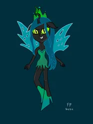 Size: 827x1104 | Tagged: safe, artist:funnypancake, derpibooru import, queen chrysalis, changeling, changeling queen, equestria girls, g4, antagonist, boots, clothes, dark background, dark skin, dress, evil, evil grin, female, green eyes, grin, horn, image, jpeg, shoes, smiling, wings