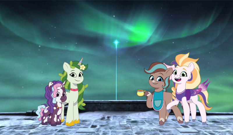 Size: 1864x1080 | Tagged: safe, artist:prixy05, derpibooru import, violette rainbow, ponified, earth pony, pony, unicorn, g5, my little pony: tell your tale, apron, aurora(sky), clothes, coat markings, cocoa (wild manes), crossover, female, filly, finley (wild manes), fish tail, flower, flower in hair, foal, headband, heart necklace, horn, image, jewelry, laser beam, laser beams, leaf pony, leaves, leaves in hair, looking at you, mare, mermaid tail, necklace, night, outdoors, png, sky, smiling, smiling at you, snow, socks (coat marking), stars, tail, vitiligo, wild manes