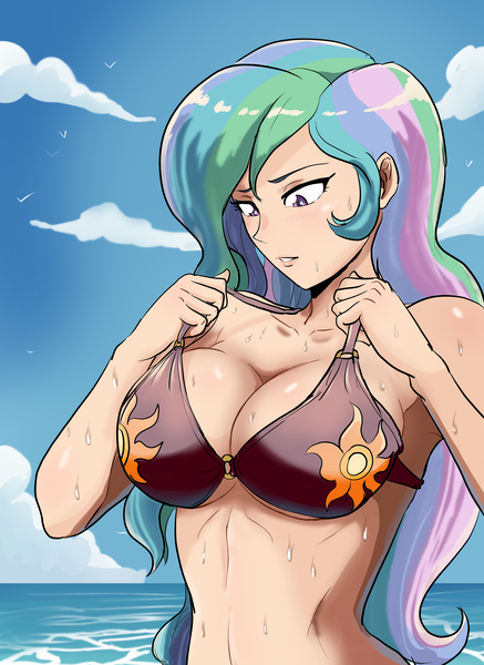 Size: 2553x3508 | Tagged: suggestive, artist:symptom99, derpibooru import, princess celestia, human, equestria girls, g4, absolute cleavage, beach, bikini, breasts, busty princess celestia, cleavage, clothes, cloud, cutie mark, cutie mark on clothes, humanized, image, png, praise the sun, principal celestia, swimsuit, wet