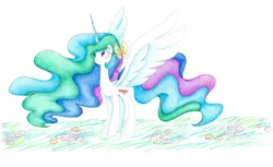 Size: 2146x1310 | Tagged: safe, artist:bluemagic, derpibooru import, princess celestia, alicorn, pony, g4, ethereal mane, ethereal tail, horn, image, jpeg, spread wings, tail, wings