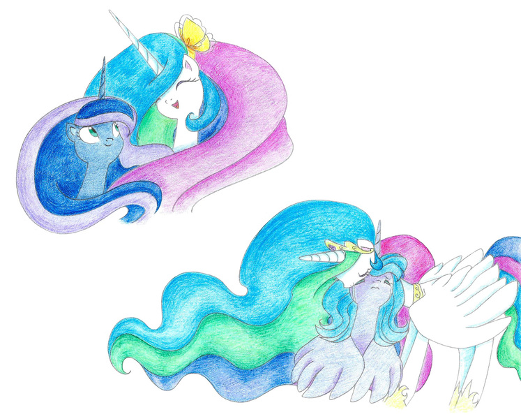 Size: 1986x1596 | Tagged: safe, artist:bluemagic, derpibooru import, princess celestia, princess luna, alicorn, pony, g4, crying, ethereal mane, ethereal tail, horn, image, jewelry, jpeg, regalia, s1 luna, simple background, tail, white background, wings