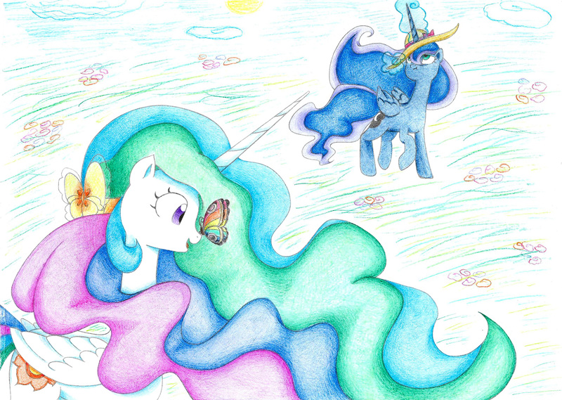 Size: 2226x1584 | Tagged: safe, artist:bluemagic, derpibooru import, princess celestia, princess luna, alicorn, butterfly, insect, pony, g4, ethereal mane, ethereal tail, hat, horn, image, jpeg, tail, wings