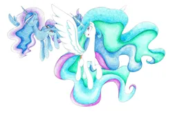 Size: 2146x1400 | Tagged: safe, artist:bluemagic, derpibooru import, princess celestia, princess luna, alicorn, pony, g4, ethereal mane, ethereal tail, flying, horn, image, jpeg, simple background, spread wings, tail, white background, wings