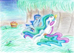 Size: 2202x1582 | Tagged: safe, artist:bluemagic, derpibooru import, princess celestia, princess luna, alicorn, pony, g4, ethereal mane, ethereal tail, fruit, horn, image, jpeg, lying down, on back, tail, wings