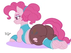 Size: 3644x2731 | Tagged: suggestive, artist:datzigga, derpibooru import, pinkie pie, g4, alternate hairstyle, balloonbutt, butt, clothes, gym uniform, image, pants, plot, png, ponytail, solo, yoga pants