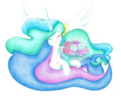 Size: 2110x1690 | Tagged: safe, artist:bluemagic, derpibooru import, princess celestia, alicorn, pony, g4, bouquet, bouquet of flowers, ethereal mane, flower, horn, image, jpeg, simple background, smiling, spread wings, white background, wings