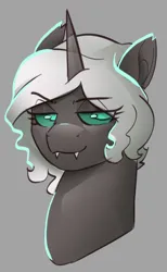 Size: 478x778 | Tagged: safe, artist:poxy_boxy, derpibooru import, oc, oc:kitu elder, unofficial characters only, changeling, changeling queen, bedroom eyes, bust, changeling oc, ears, female, gray coat, horn, image, png, portrait, simple background, smug, solo, solo female, teal eyes, white mane