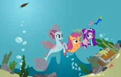 Size: 1276x804 | Tagged: safe, artist:andrevus, artist:cloudy glow, artist:saphirabjarskular, derpibooru import, aria blaze, ocellus, scootaloo, ponified, fish, mermaid, merpony, pony, seapony (g4), g4, bubble, crack shipping, cute, cutealoo, diaocelles, disguise, disguised changeling, female, filly, foal, image, lesbian, looking at each other, looking at someone, lucky bitch, mare, mermaidized, open mouth, open smile, png, rock, scootalove, seaponified, seapony ocellus, seapony scootaloo, seaweed, ship:arialoo, ship:arialoollus, ship:scootacellus, shipping, smiling, smiling at each other, species swap, treasure chest, trio, underwater, water